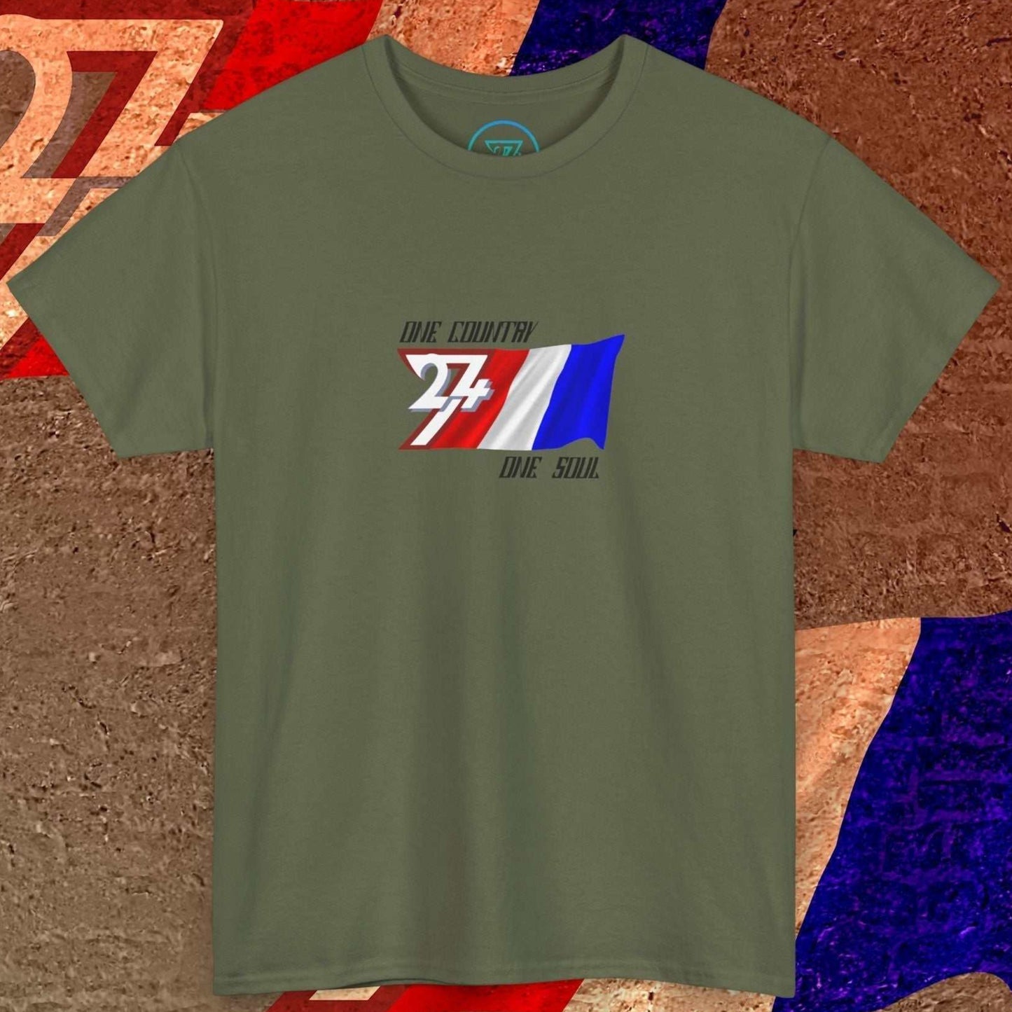 A polished Army Green France flag t-shirt with our signature hand-drawn art.