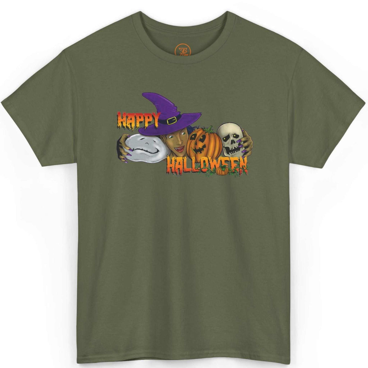 Front view of an army green funny family Halloween apparel tee featuring the 24/7 spooky illustration, laid flat on a clean background.