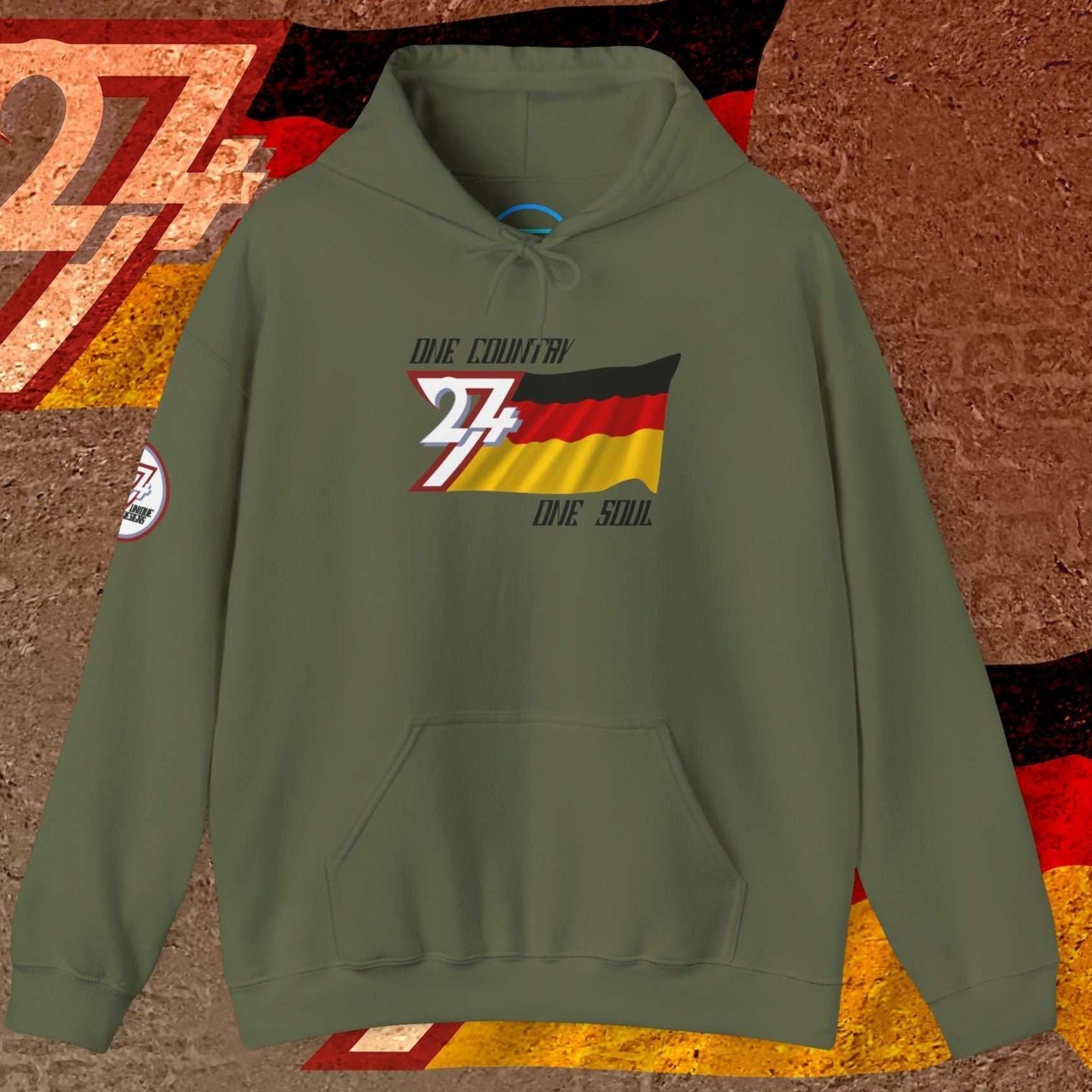 Rugged Army Green Deutschland hoodie with the "One Country One Soul" slogan and hand-drawn tricolor.