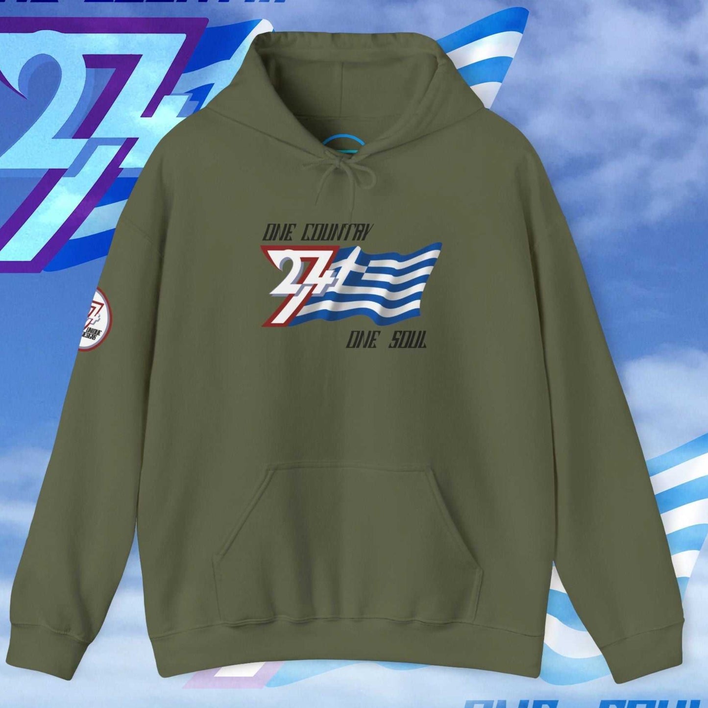 Rugged Army Green hoodie featuring the refined "Atelier" sketch of the Greece flag and soul-focused motto.