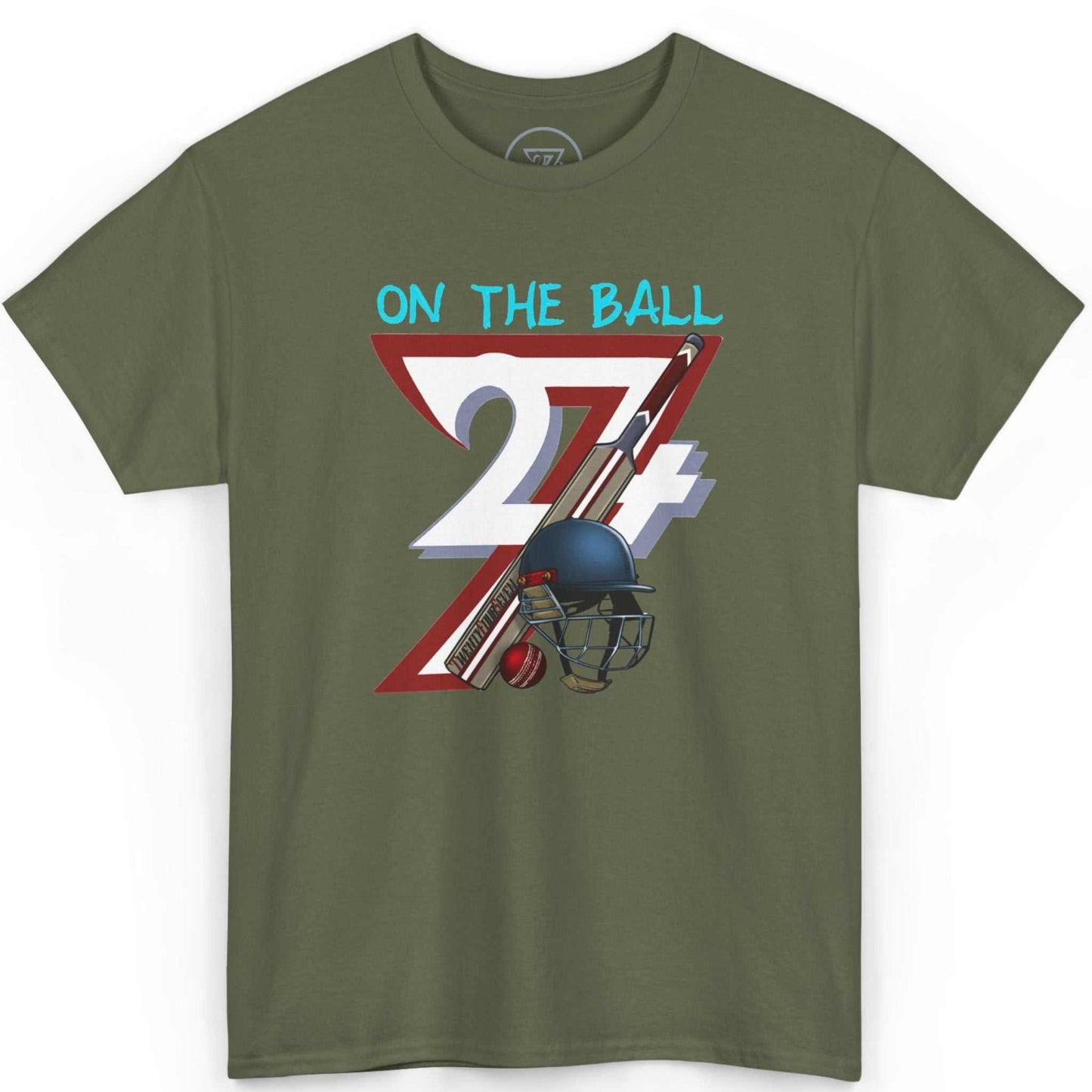 Front view of an army green hand-drawn sports shirt highlighting the bold 24/7 logo and cricket art, displayed on a clean background.