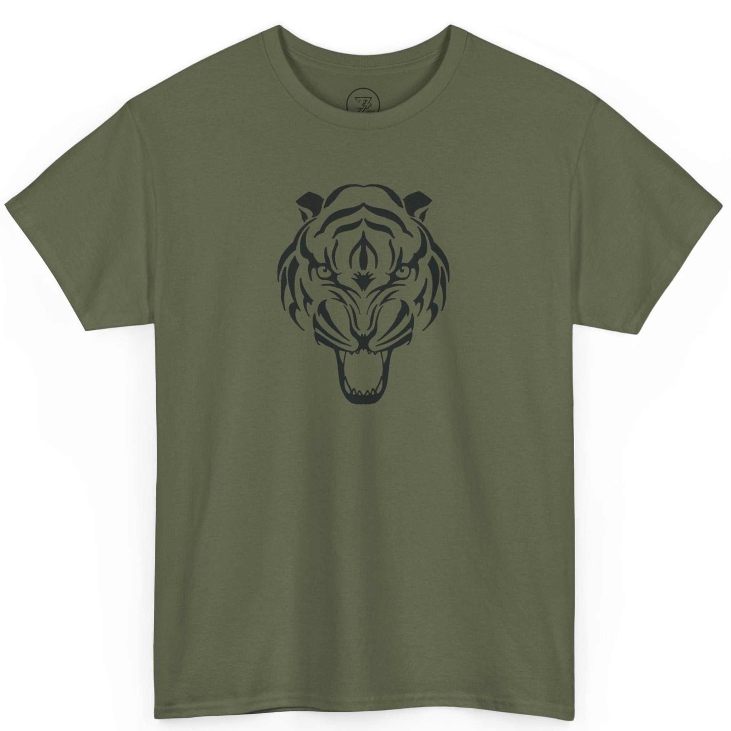 Front view of an army green heavy cotton workout shirt with fierce feline graphic.