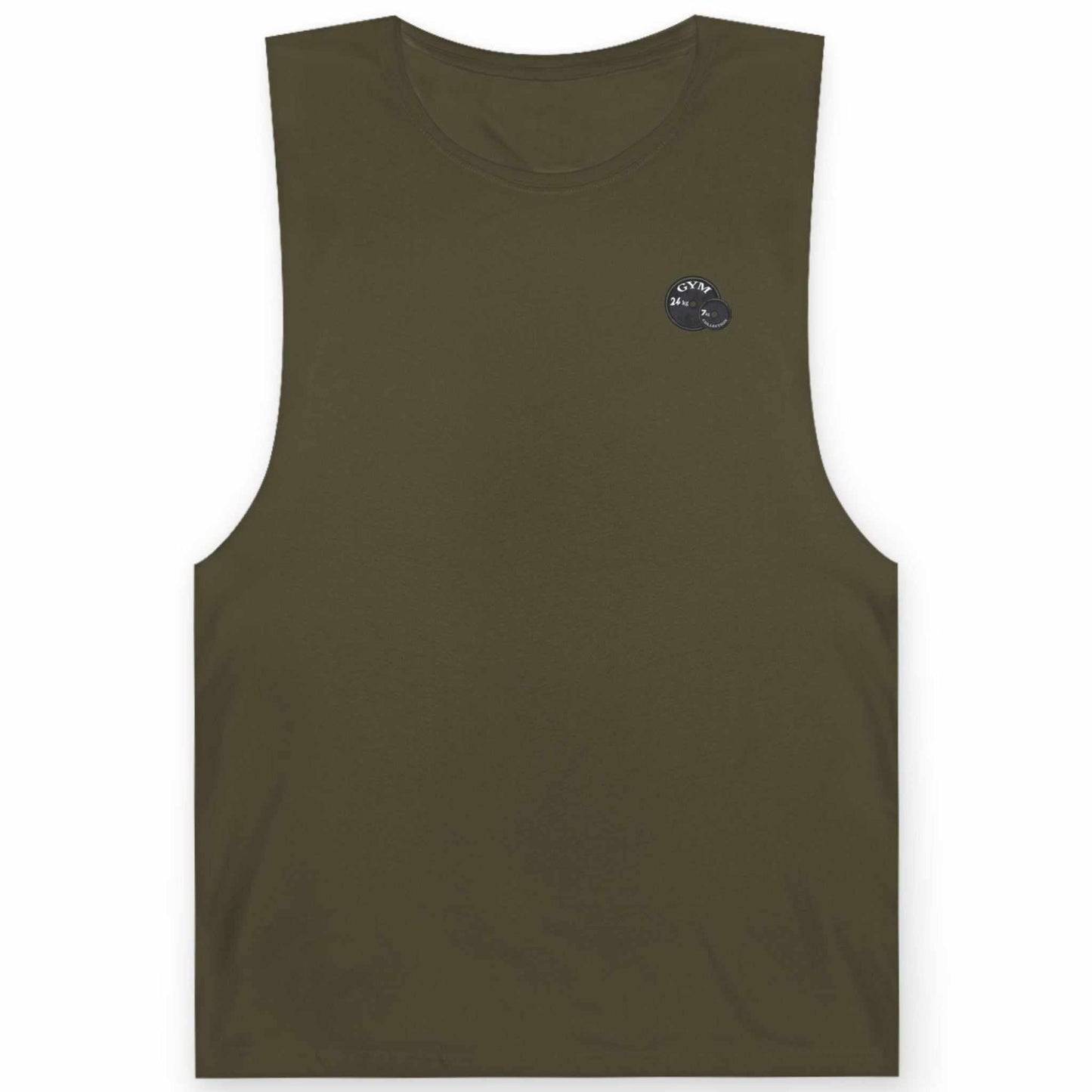 Front view of an army green horror comic workout shirt highlighting the subtle weight plate branding, shown on a clean background.