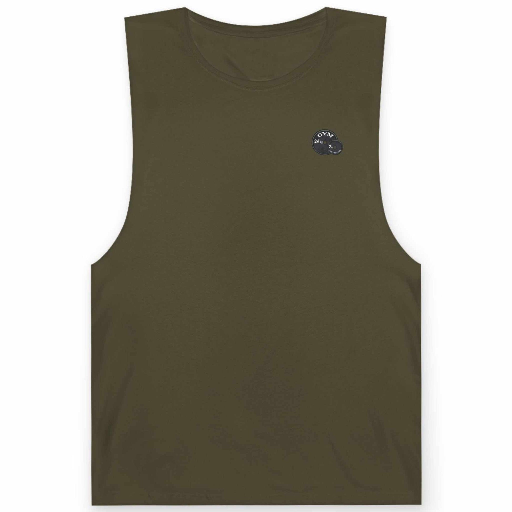 Front view of an army green horror comic workout shirt highlighting the subtle weight plate branding, shown on a clean background.