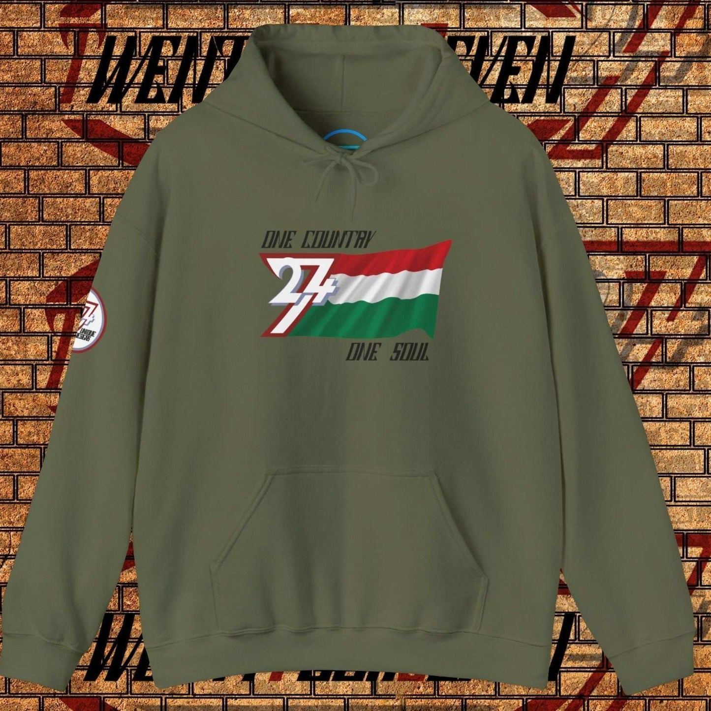 Main view of the Army Green Hungary flag hoodie with a refined digital illustration and national motto.