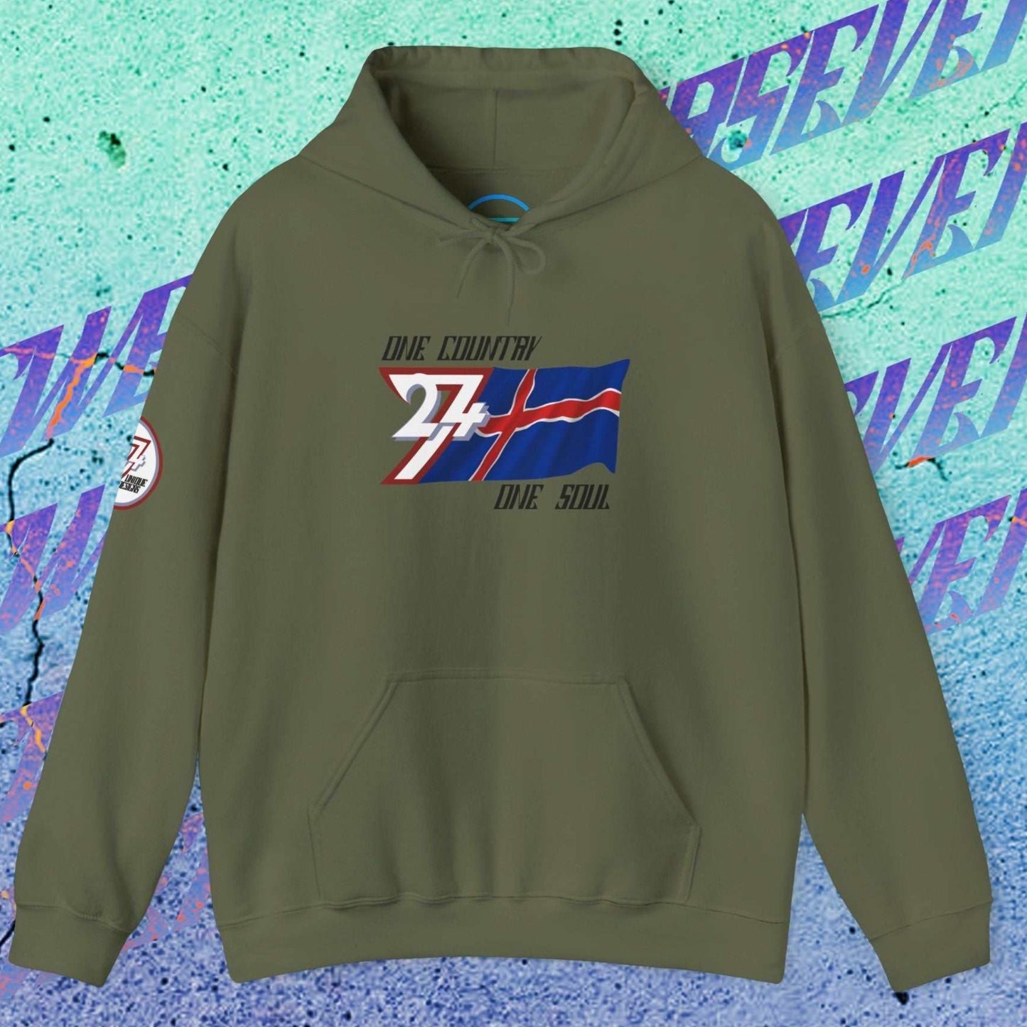 Main view of the Army Green Iceland flag hoodie with a refined digital illustration and national motto.