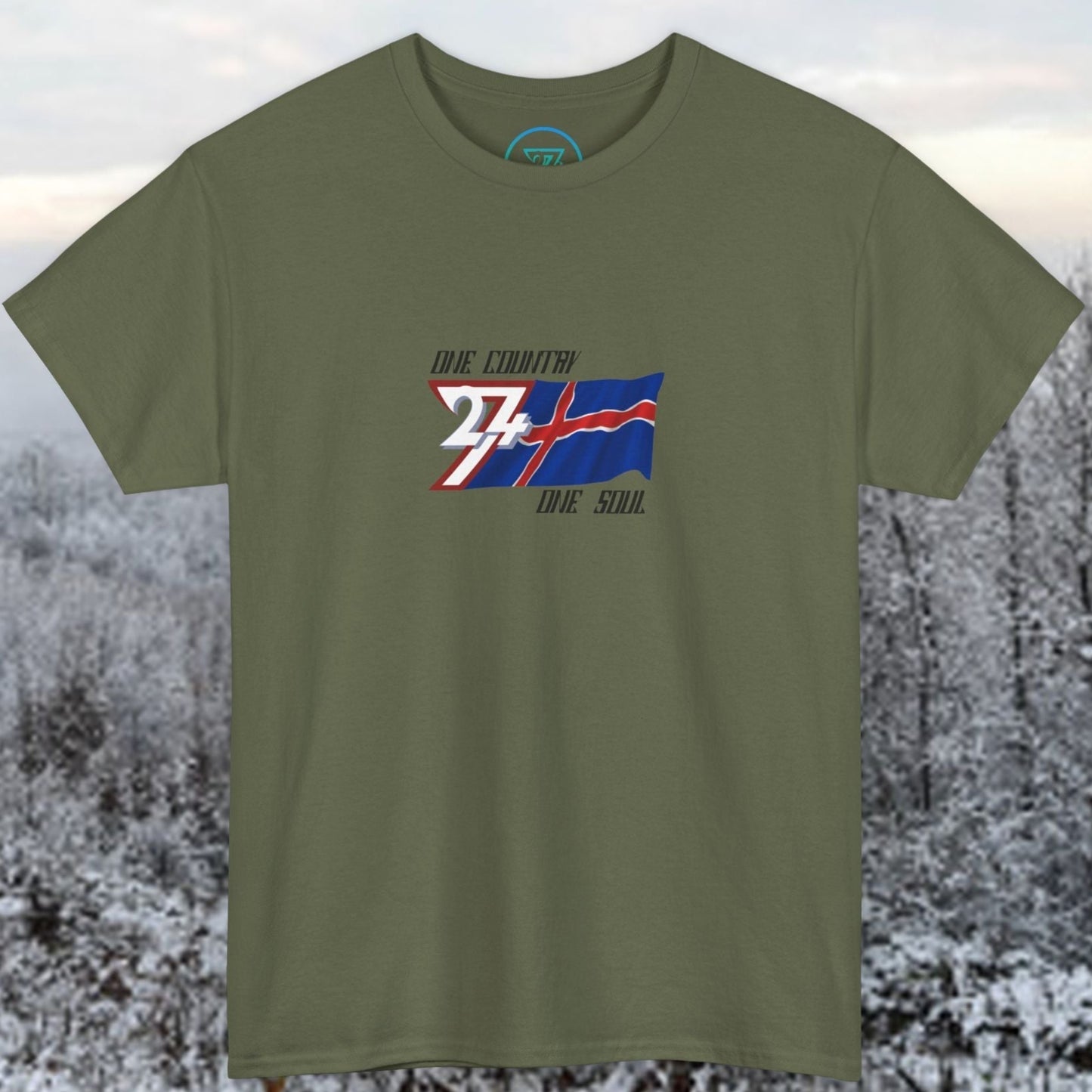 A polished Army Green Iceland flag t-shirt with our signature hand-drawn art and "One Country One Soul" text.