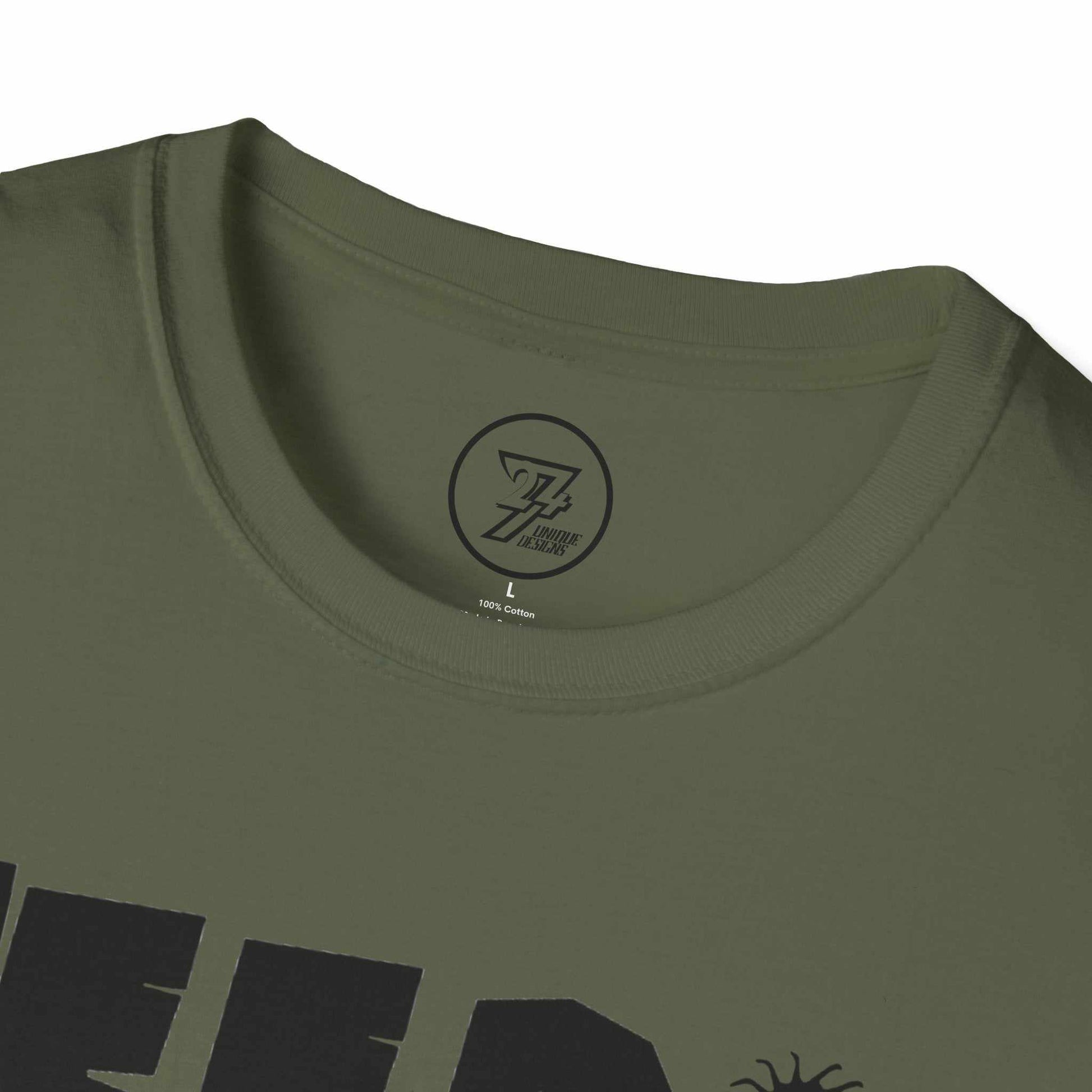 Close-up of the robust stitching on the ribbed knit neckline of the army green independent comic art apparel.