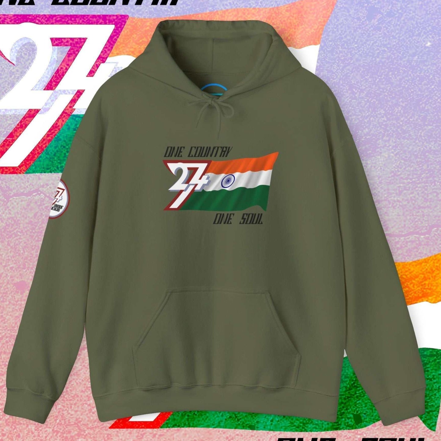 Main view of the Army Green India flag hoodie with a refined digital illustration and national motto.
