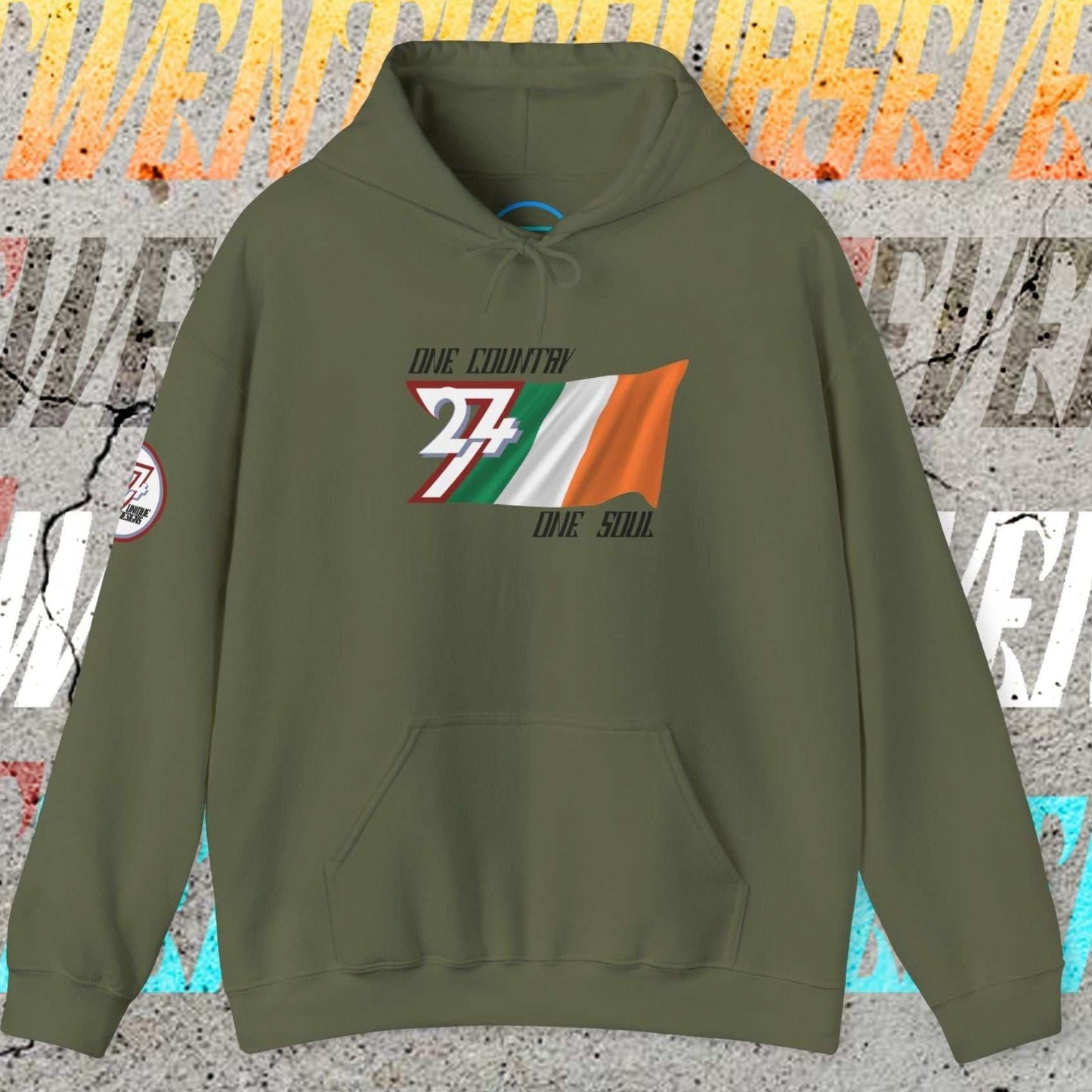 Main view of the Army Green Ireland flag hoodie with a refined digital illustration and national motto.