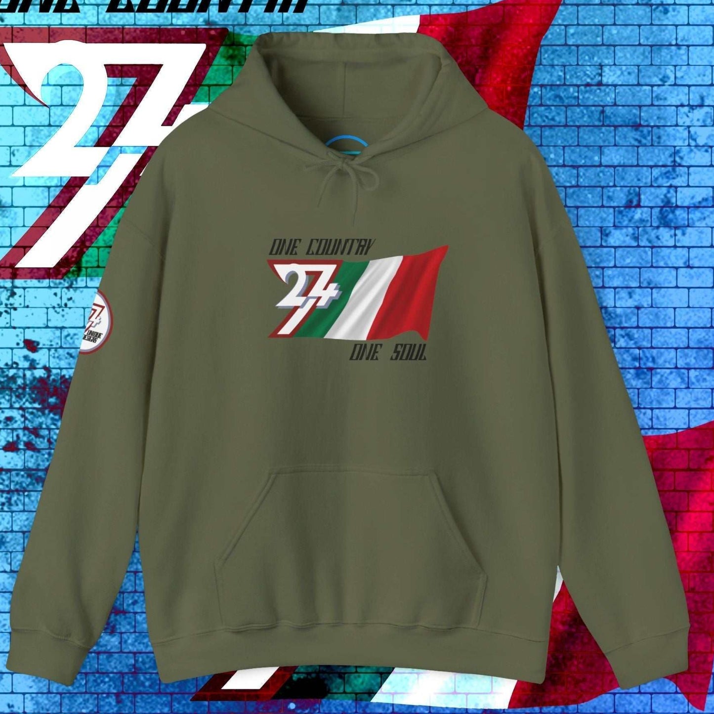 Main view of the Army Green Italy flag hoodie with a refined digital illustration and national motto.