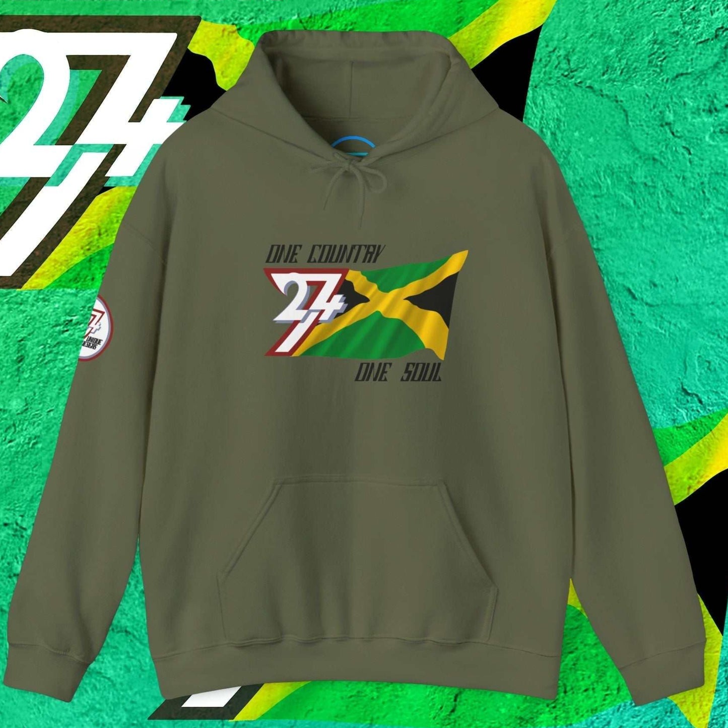 Main view of the Army Green Jamaica flag hoodie with a refined digital illustration and national motto.
