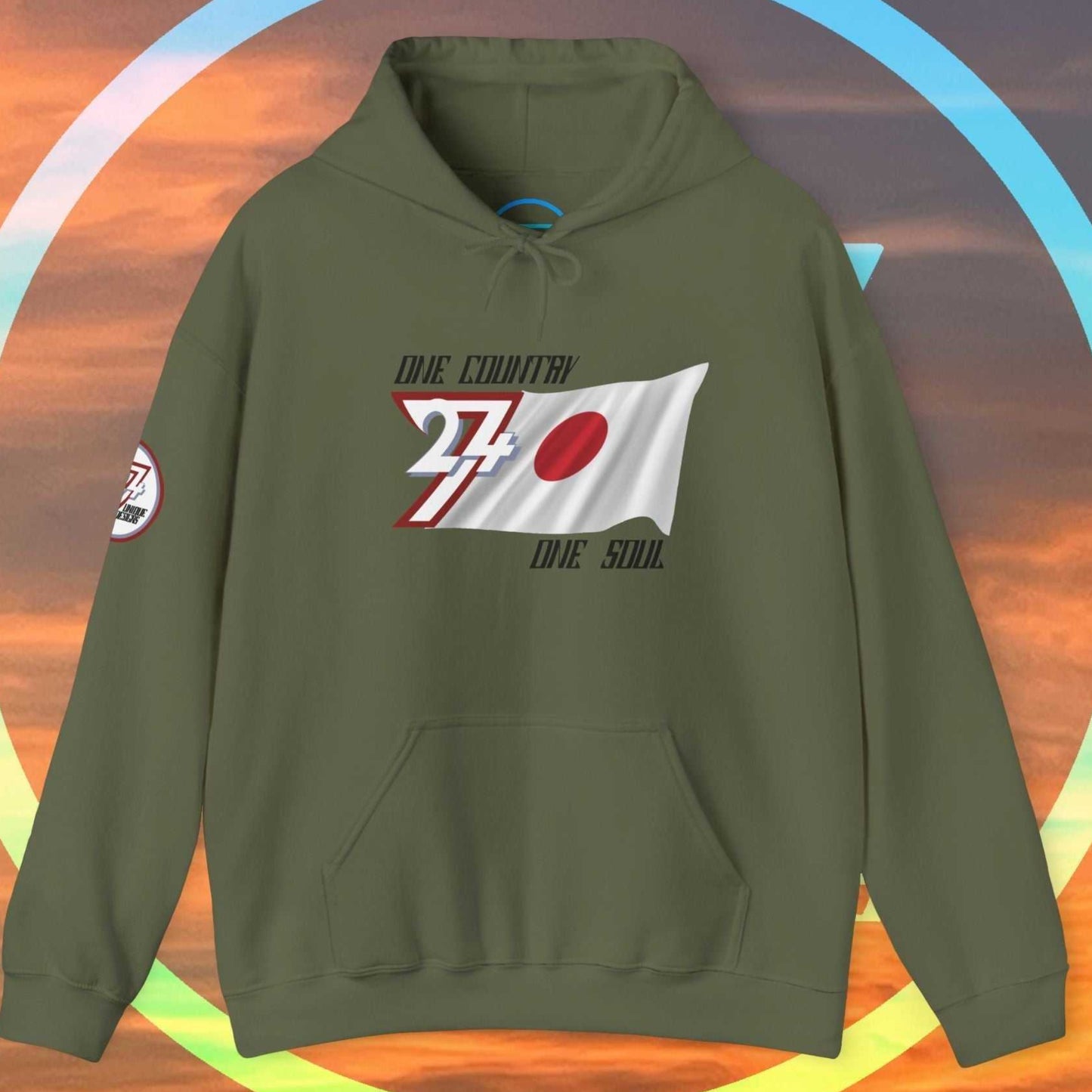 Main view of the Army Green Japan flag hoodie with a refined digital illustration and national motto.