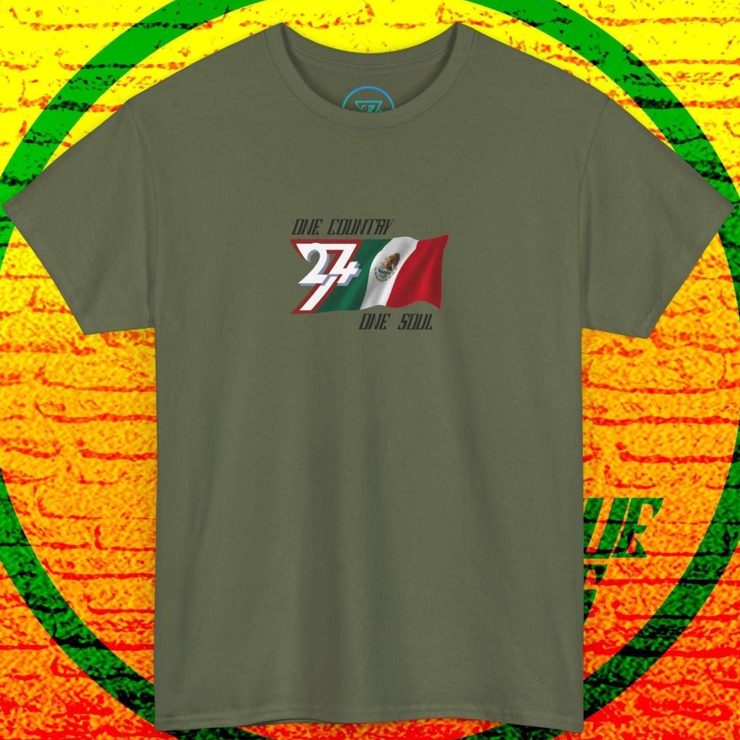 A polished Army Green Mexico flag t-shirt with our signature hand-drawn art and "One Country One Soul" text.