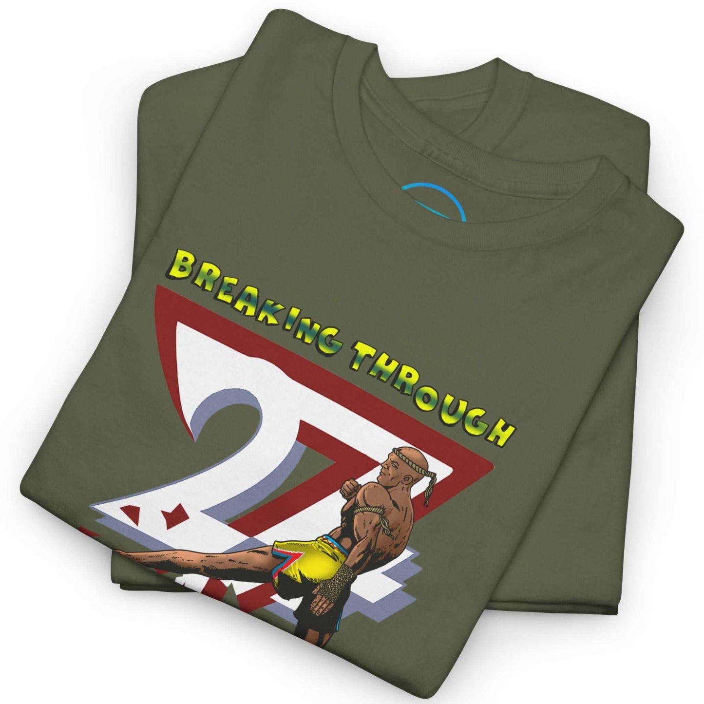 Neatly folded army green Muay Thai t-shirt highlighting the crisp 90s comic front print and premium cotton fabric, laid flat.