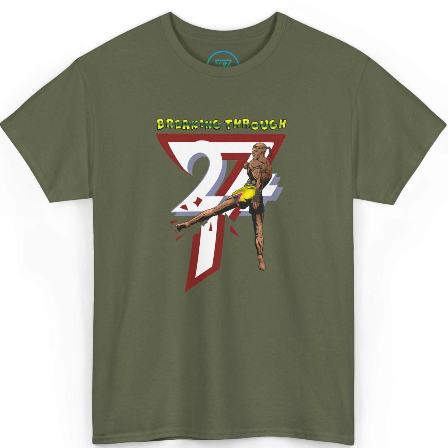 Front view of an army green Muay Thai t-shirt displaying the colorful martial arts comic art, shown on a clean background.