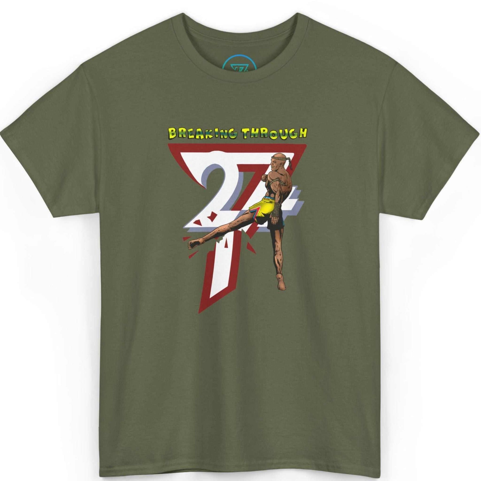 Front view of an army green Muay Thai t-shirt displaying the colorful martial arts comic art, shown on a clean background.