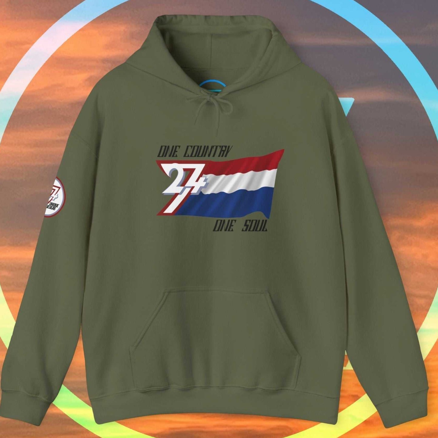 Main view of the Army Green Netherlands flag hoodie with a refined digital illustration and national motto.