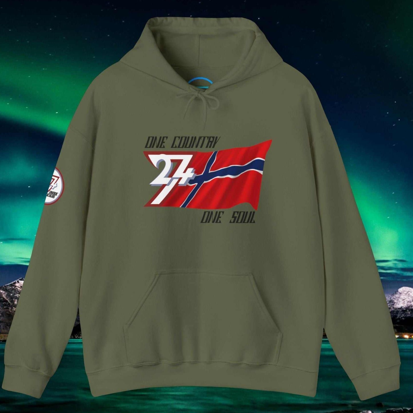 Main view of the Army Green Norway flag hoodie with a refined digital illustration and national motto.