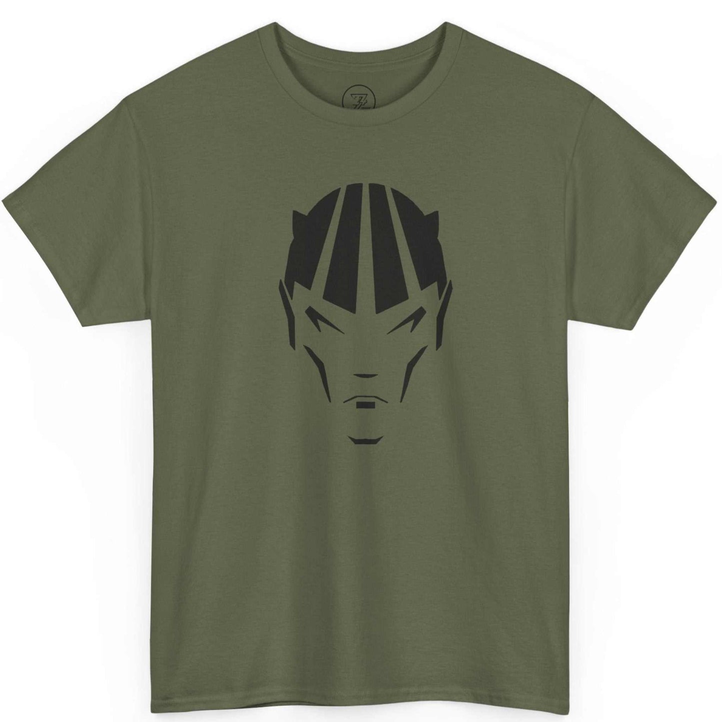 Front view of an army green original superhero emblem t-shirt for fitness and casual wear.