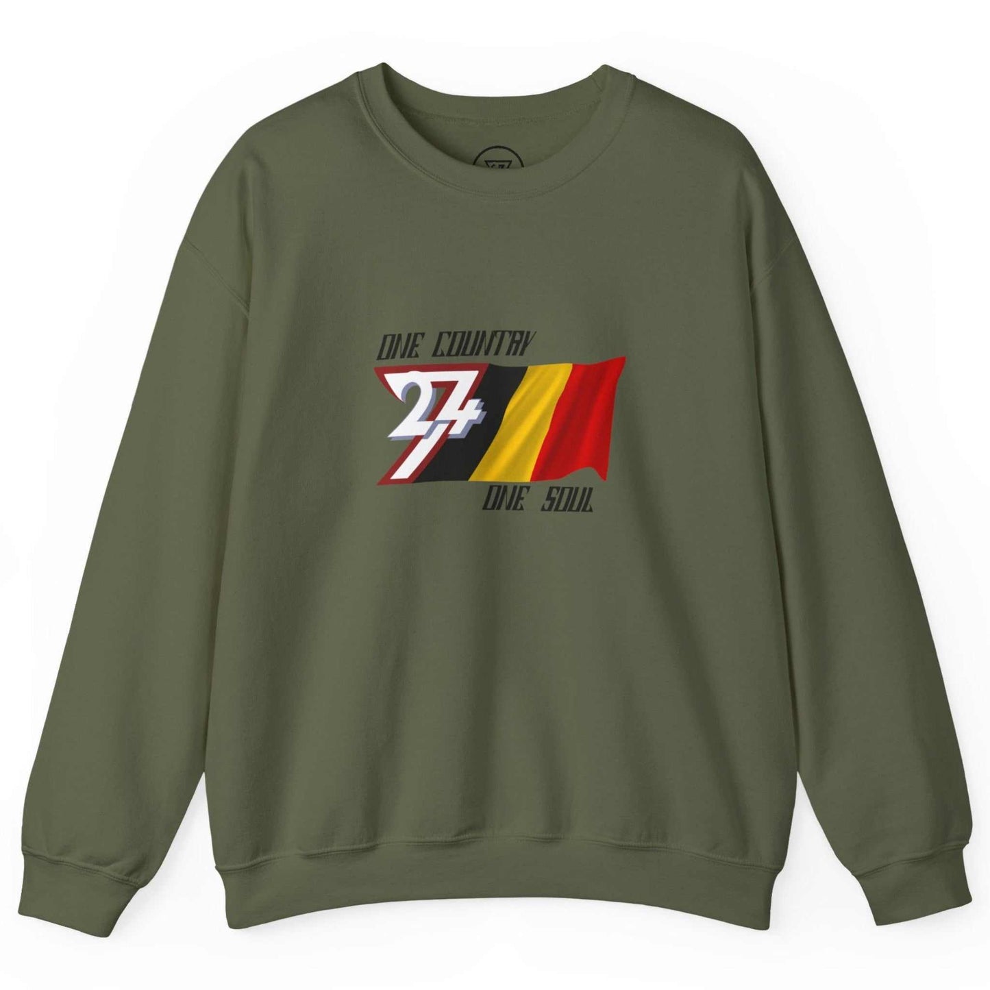 Flat lay of the army green patriotic apparel item displaying the one soul text.