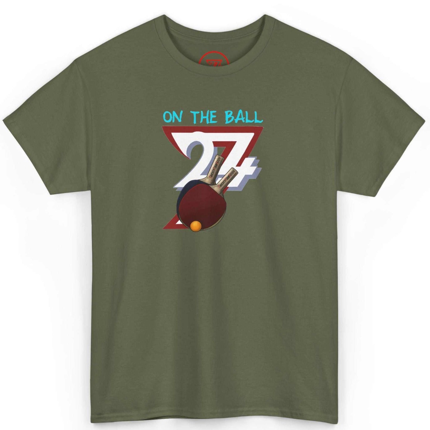 Front view of an army green ping pong player gift tee showcasing the hand-drawn paddle and ball artwork, laid flat on a clean background.