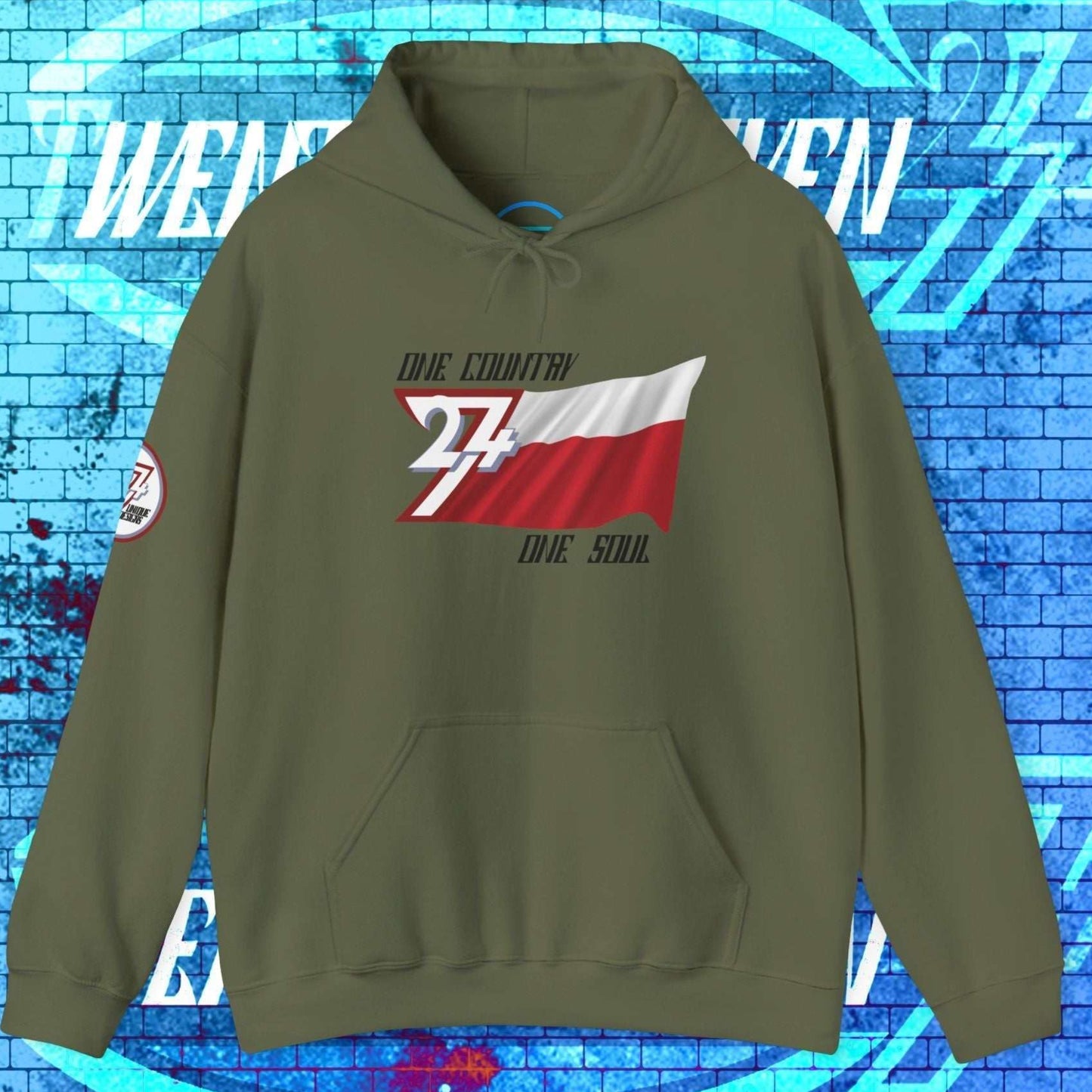 Main view of the Army Green Poland flag hoodie with a refined digital illustration and national motto.