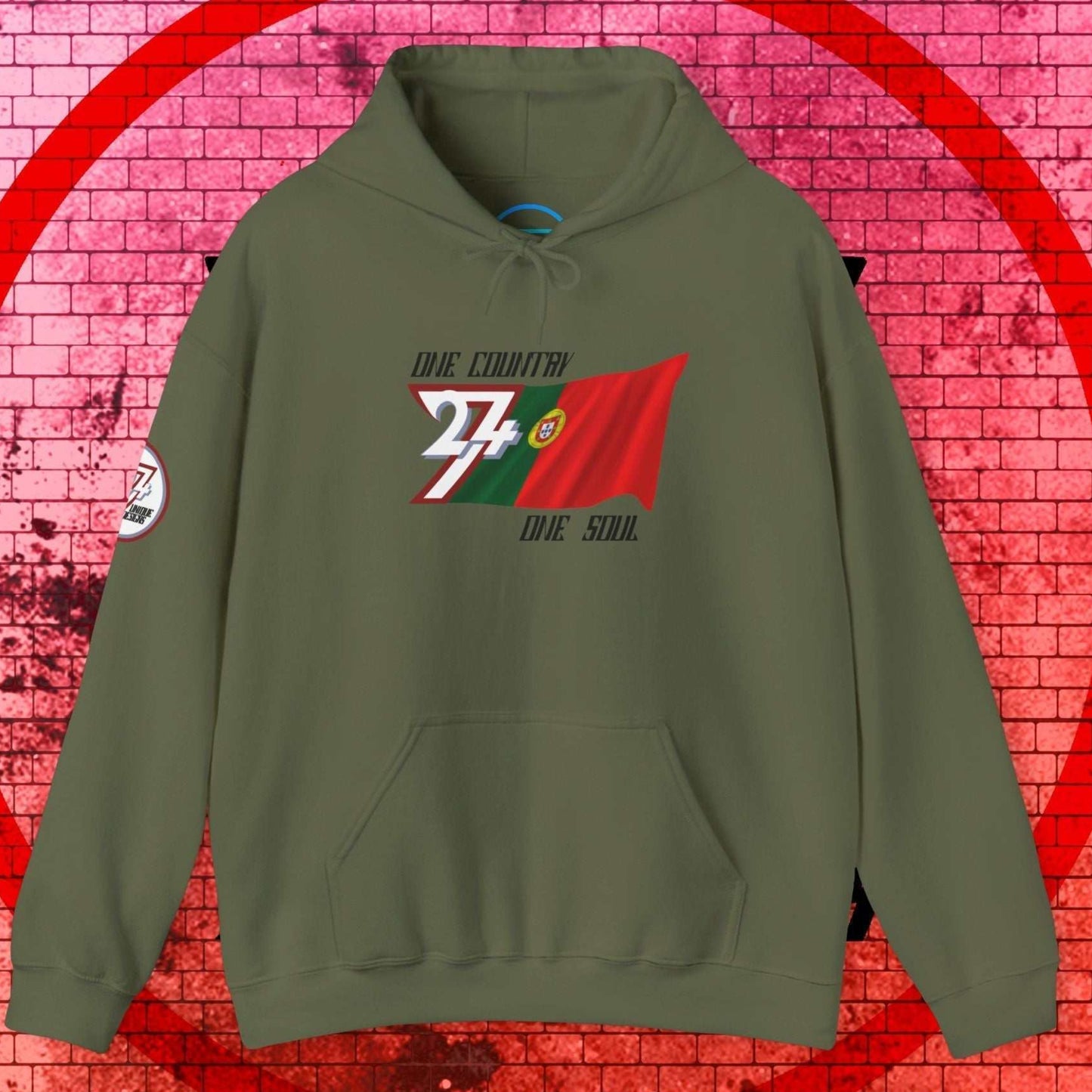 Main view of the Army Green Portugal flag hoodie with a refined digital illustration and national motto.
