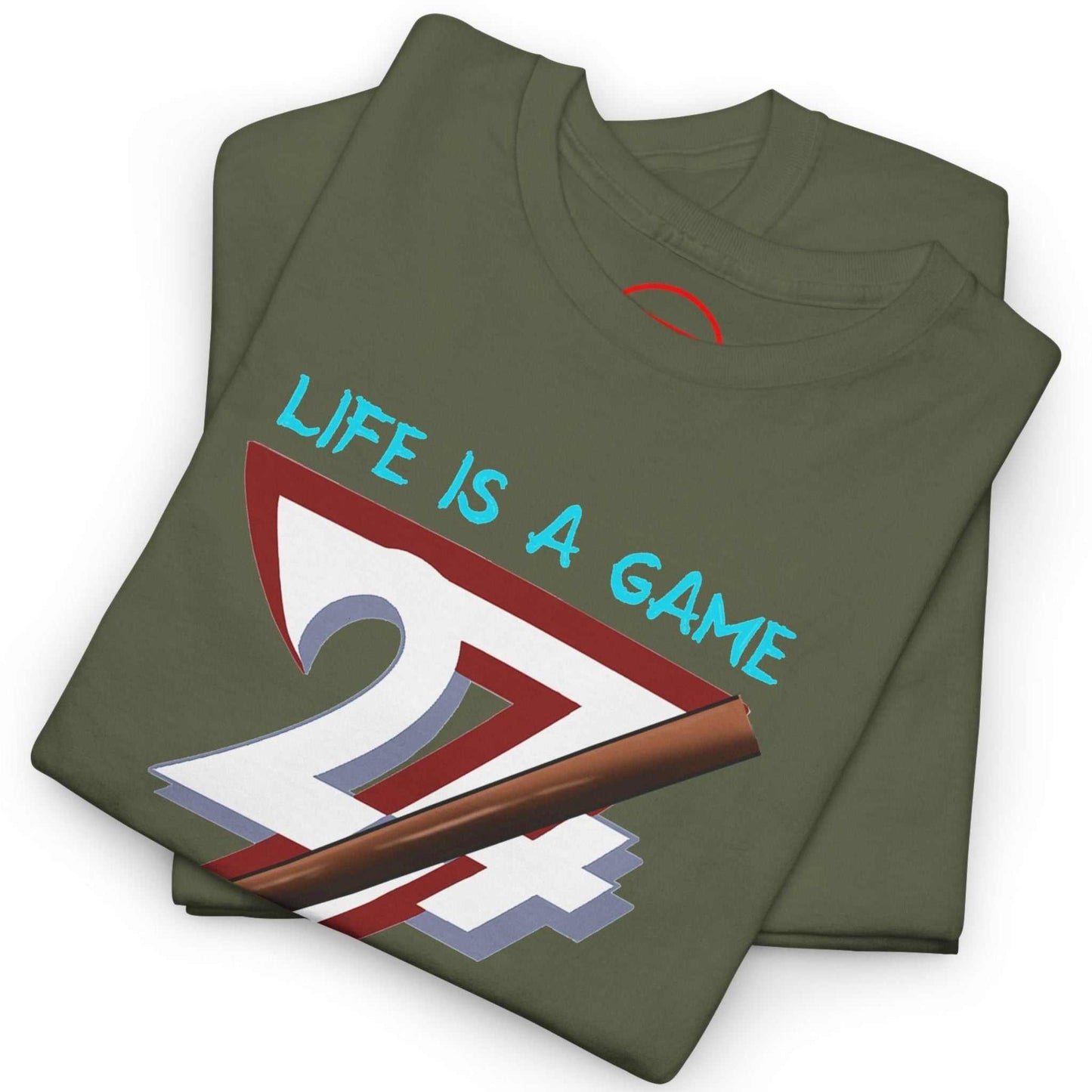 Neatly folded army green pub apparel tee highlighting the crisp sketch-style front print and premium fabric, laid flat.