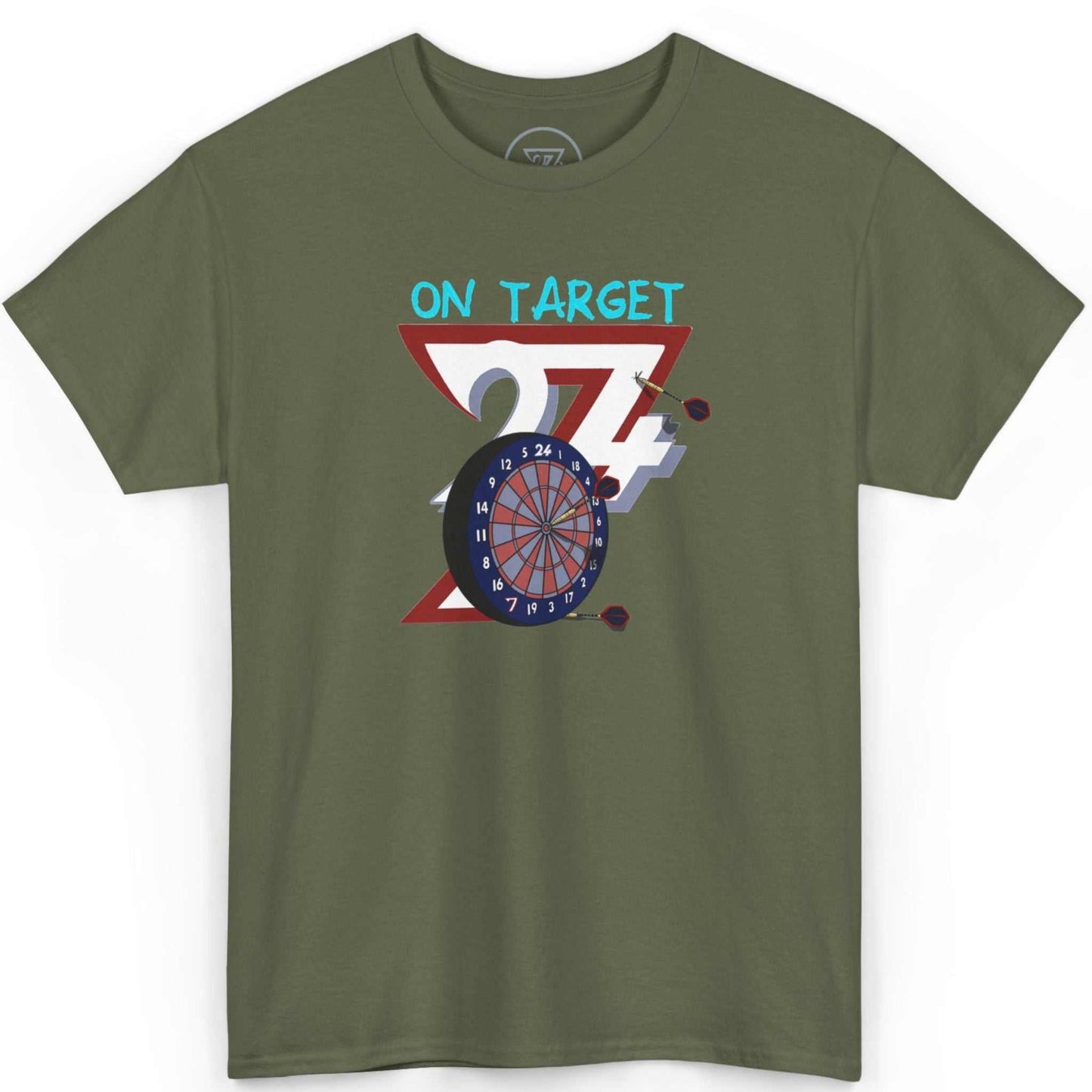 Front view of an army green pub sports clothing shirt highlighting the dynamic hand-drawn dartboard, laid flat on a clean background.