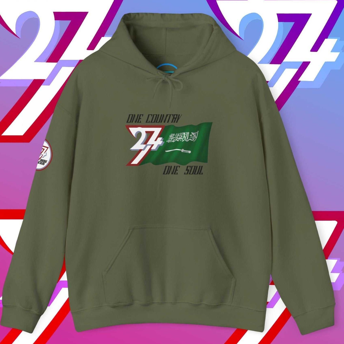 Main view of the Army Green Saudi Arabia flag hoodie with a refined digital illustration and national motto.