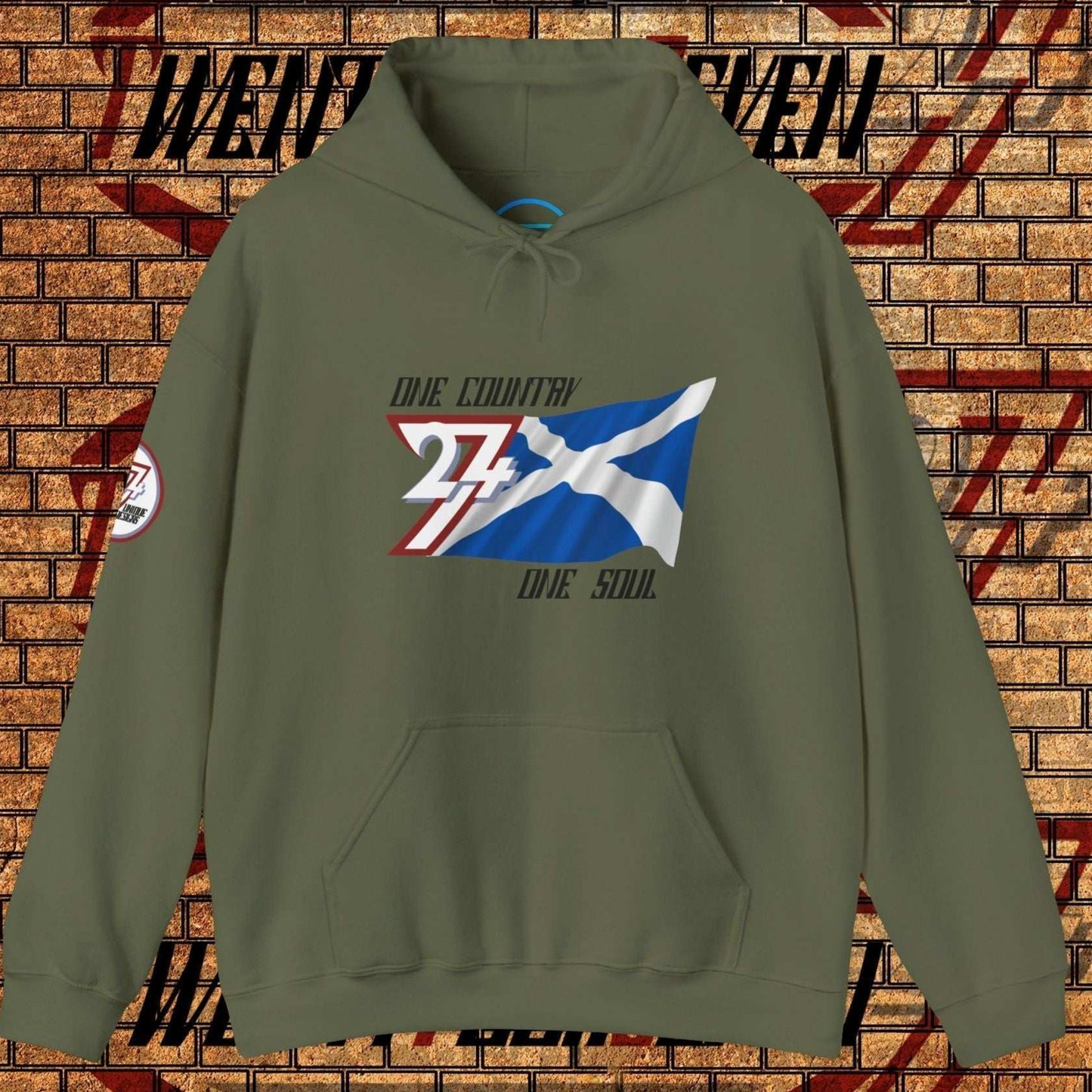 Main view of the Army Green Scotland flag hoodie with a refined digital illustration and national motto.