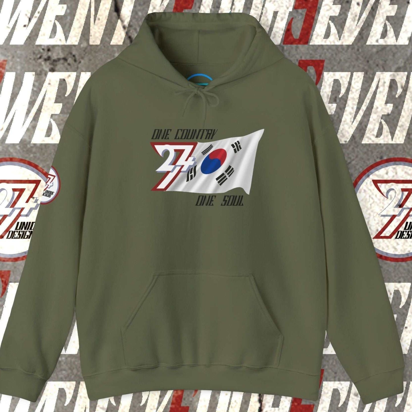 Main view of the Army Green South Korea flag hoodie with a refined digital illustration and national motto.