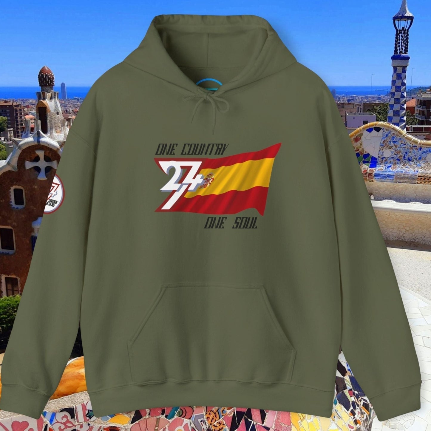 Main view of the Army Green España flag hoodie with a refined digital illustration and national motto.