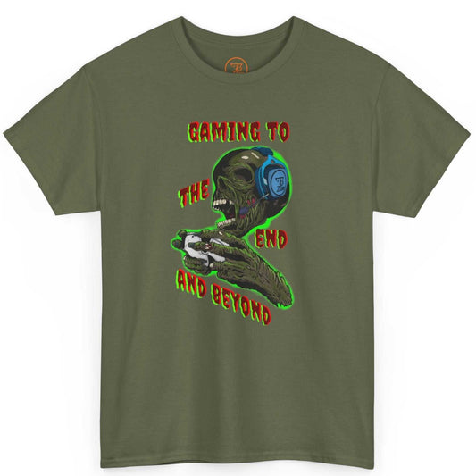 Front view of an army green spooky gamer shirt highlighting the human-drawn zombie controller graphic.