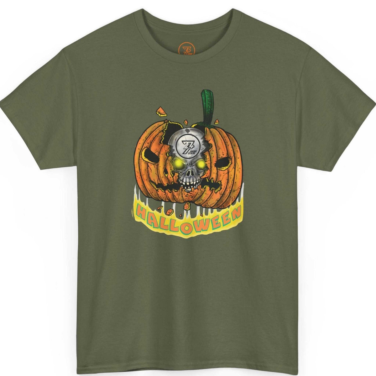 Front view of an army green spooky graphic shirt featuring the 24/7 original Halloween artwork, laid flat on a clean background.