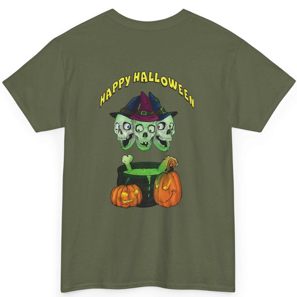 Back view of the army green spooky skulls shirt highlighting the matching back skull design, laid flat.