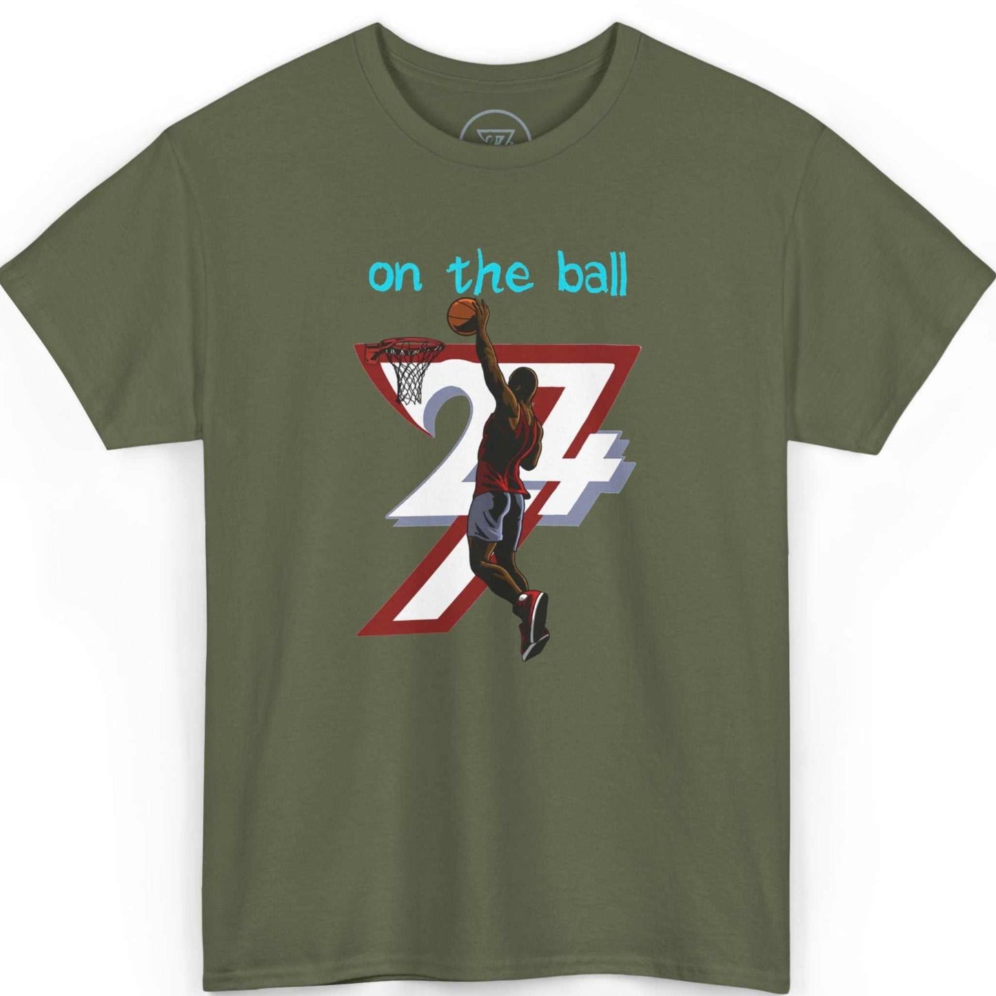 Front view of an army green streetball clothing tee highlighting the bold 24/7 logo and basketball art, displayed on a clean background.