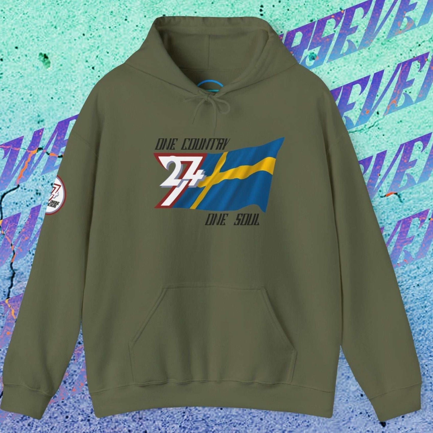 Main view of the Army Green Sverige flag hoodie with a refined digital illustration and national motto.