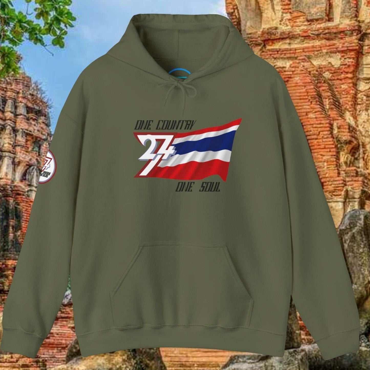 Main view of the Army Green Thailand flag hoodie with a refined digital illustration and national motto.
