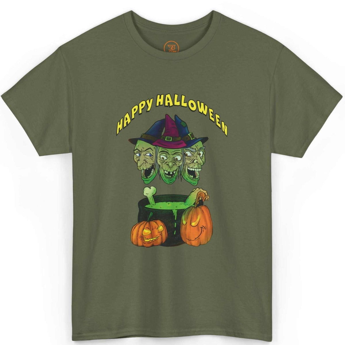 Front view of an army green trick or treat t-shirt showcasing the colorful witches artwork, displayed on a clean background.