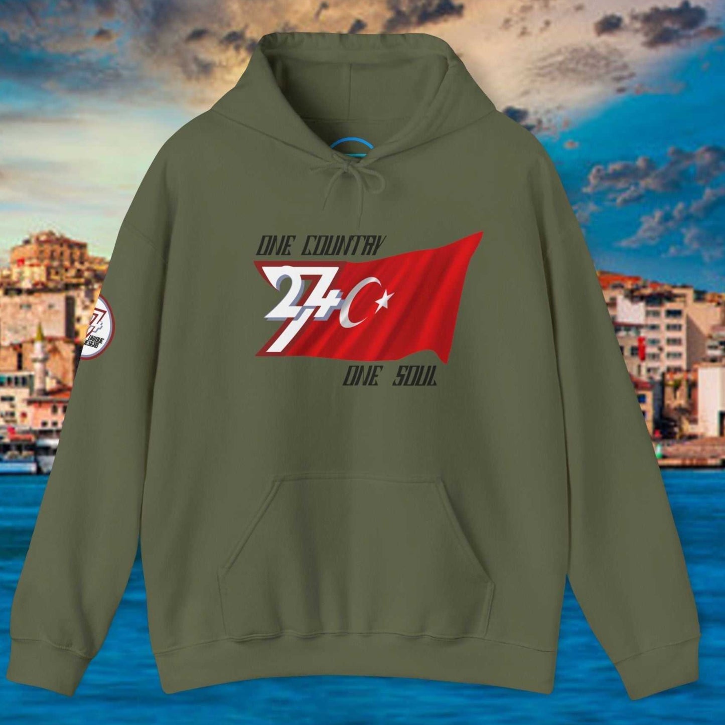 Main view of the Army Green Türkiye flag hoodie with a refined digital illustration and national motto.