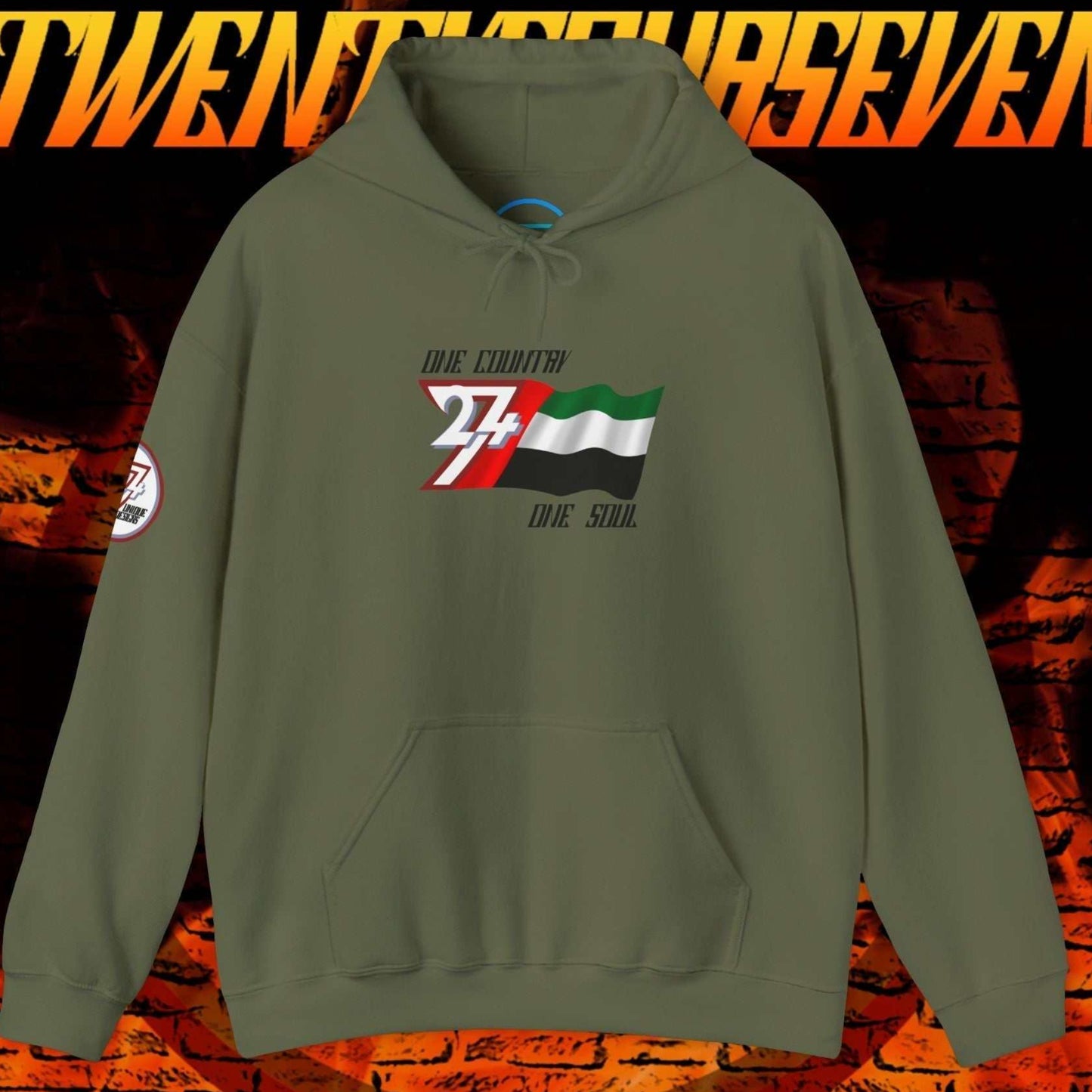 Main view of the Army Green UAE flag hoodie with a refined digital illustration and national motto.
