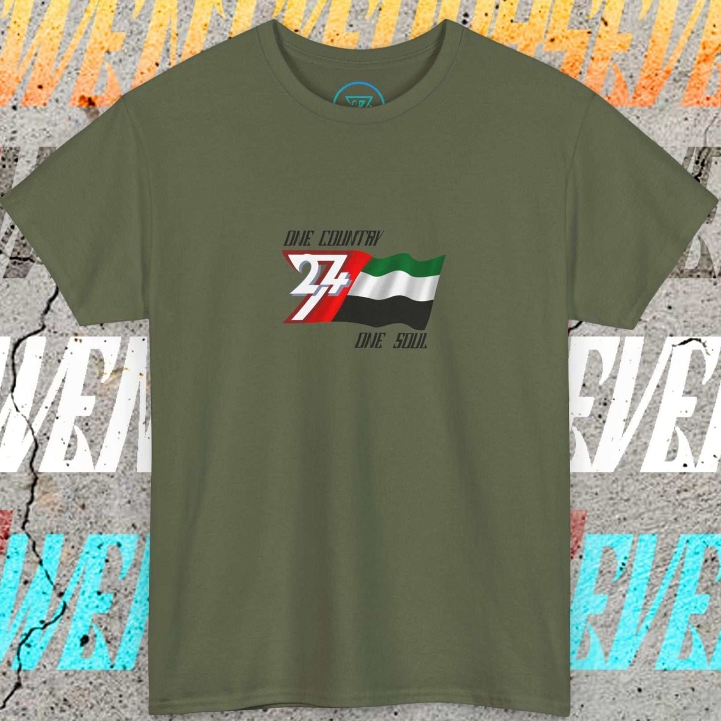 A polished Army Green UAE flag t-shirt with our signature hand-drawn art and "One Country One Soul" text.