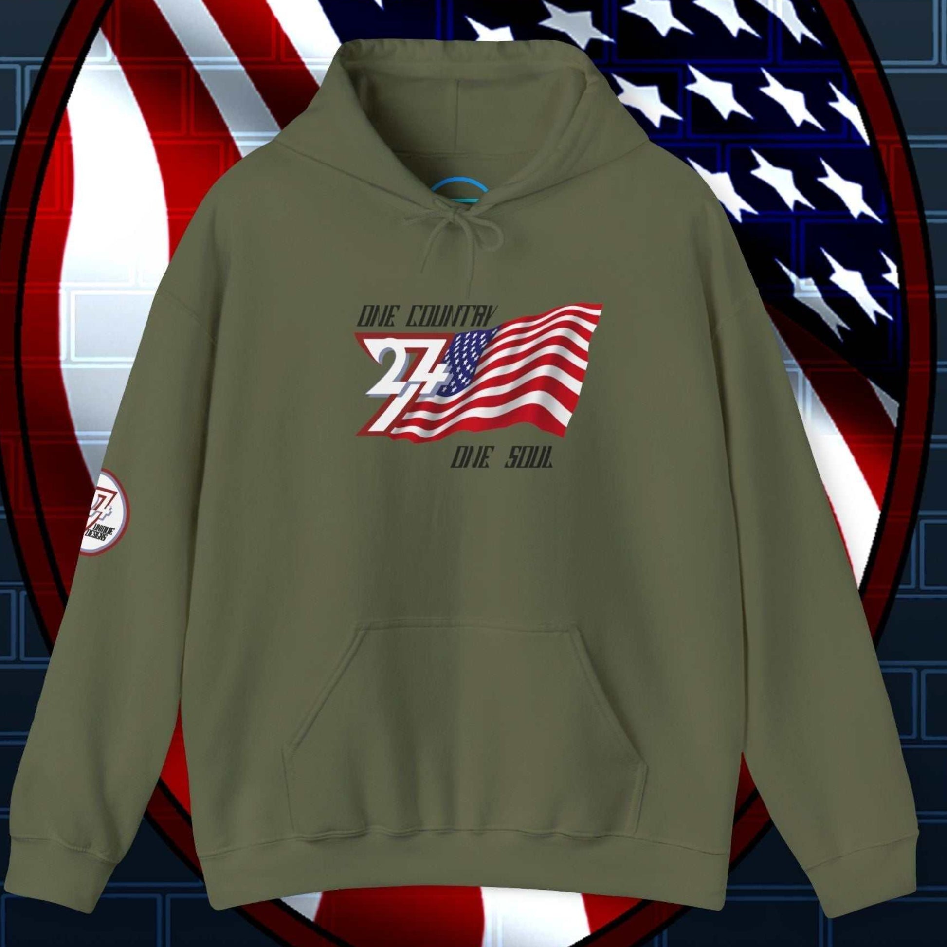 Main view of the Army Green USA flag hoodie with a refined digital illustration and national motto.