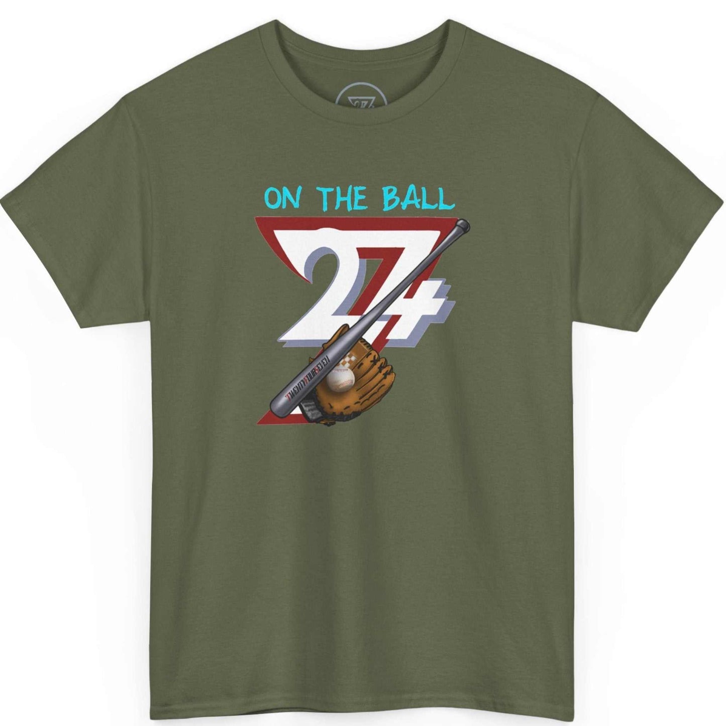 Front view of an army green vintage sports t-shirt highlighting the bold 24/7 logo and baseball art, displayed on a clean background.
