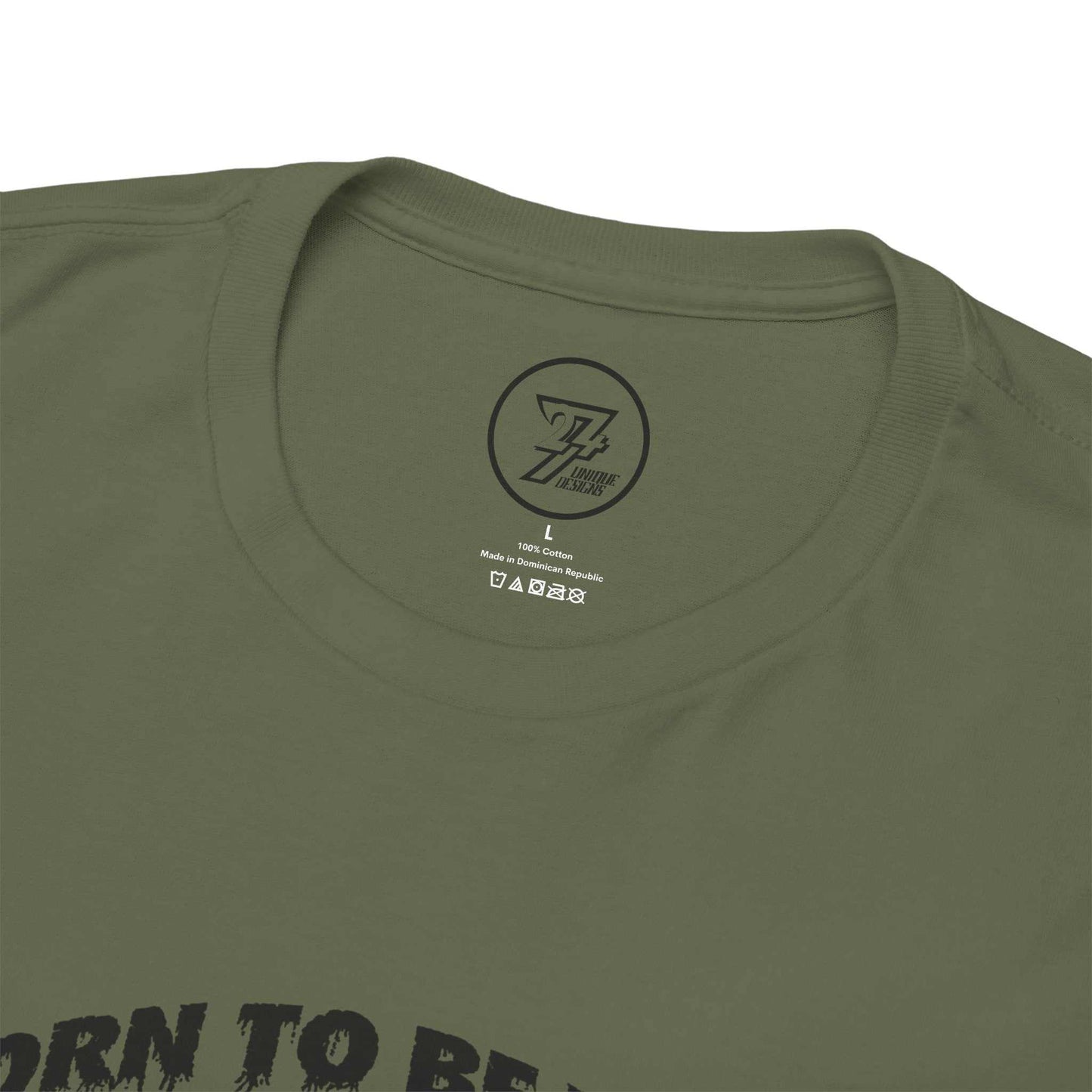 Close up of the shape-retaining ribbed knit neckline on the army green vintage style nature shirt.