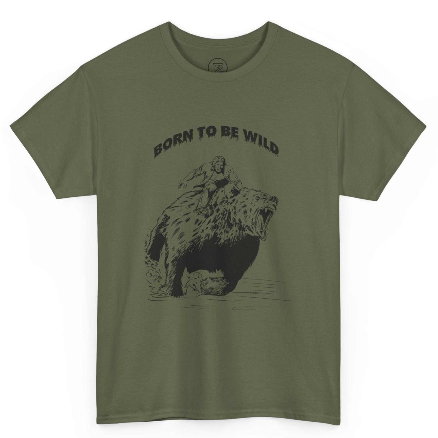 Solid army green vintage style nature top with a custom drawn animal sketch.