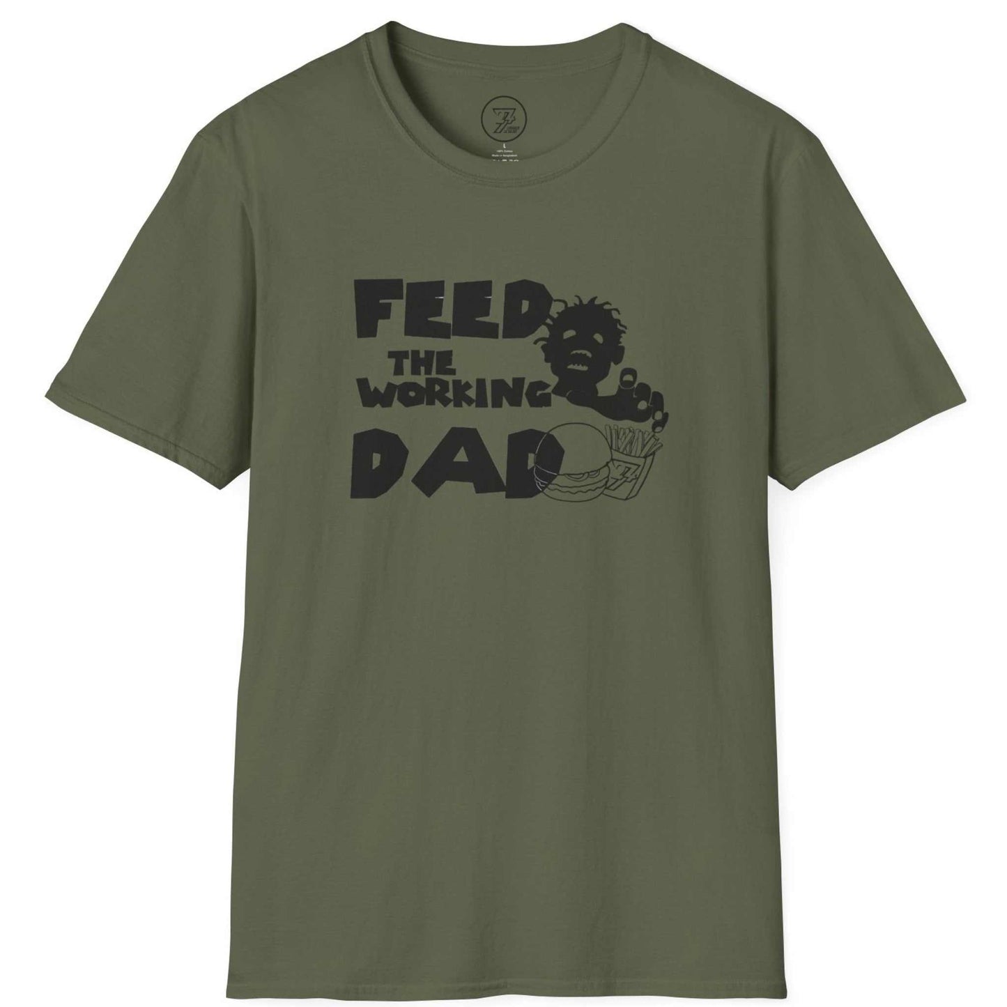 Army green working dad zombie t-shirt displaying the bold black graphic, shown on a clean background.