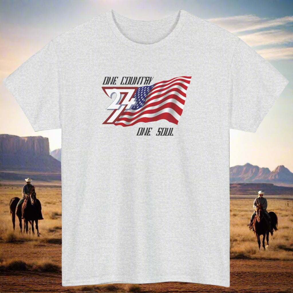 Gray USA Graphic Tee with "One Country One Soul" slogan and American flag design, patriotic tee for adults.